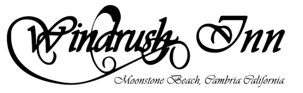 Elegant black script text reads “Windrush Inn” with “Moonstone Beach, Cambria California” below in smaller cursive. The design is ornate and decorative on a light background.